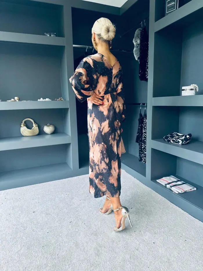 Women Evening Dress Canella Lane London V Neck Long Sleeve Maxi Dress In Brown Abstarct Sparkle