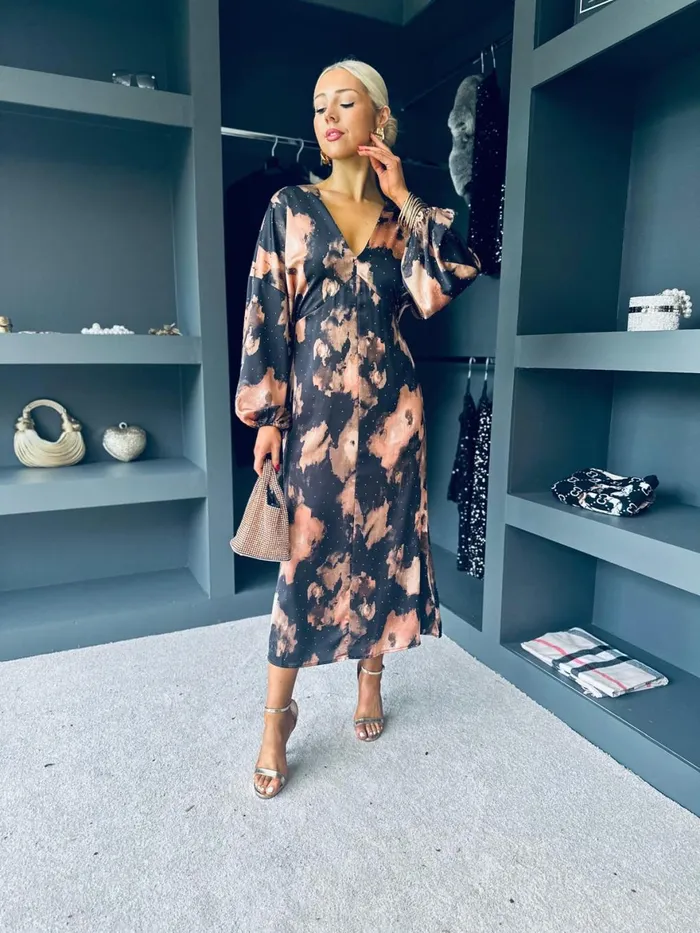 Women Evening Dress Canella Lane London V Neck Long Sleeve Maxi Dress In Brown Abstarct Sparkle