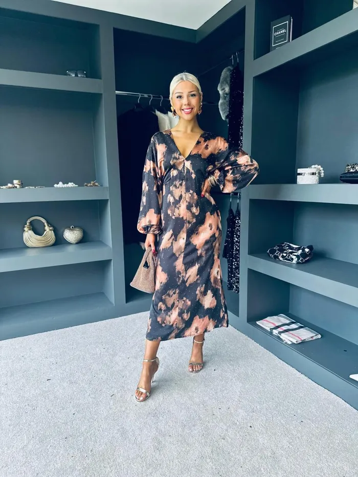 Women Evening Dress Canella Lane London V Neck Long Sleeve Maxi Dress In Brown Abstarct Sparkle