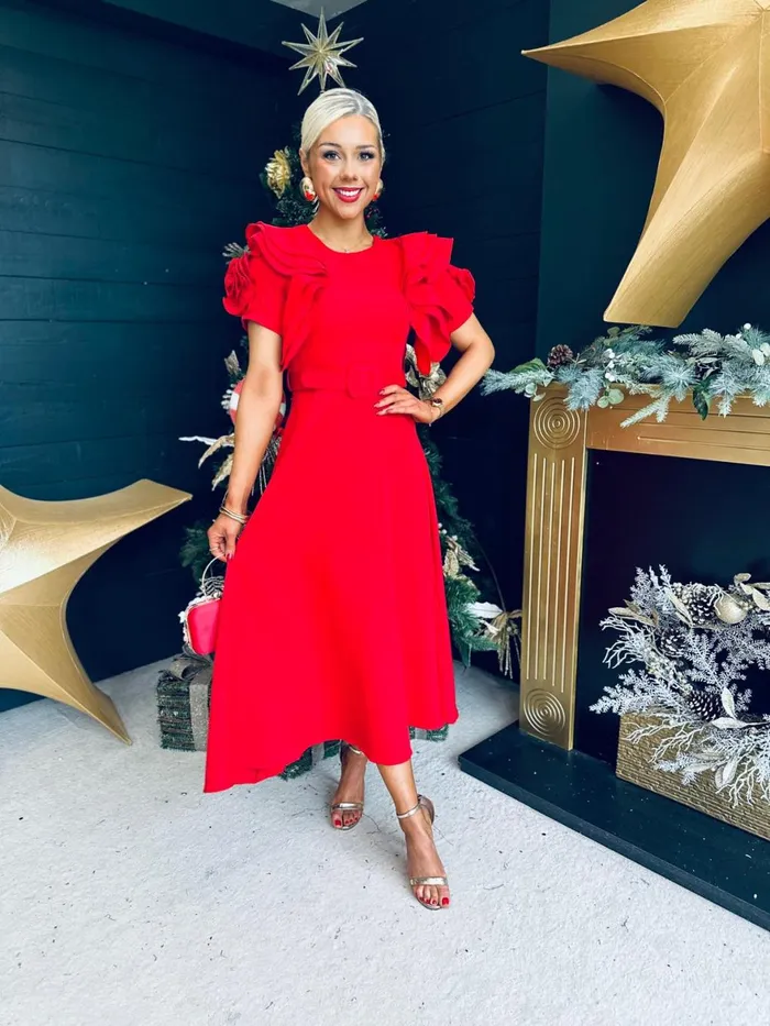 Women Evening Dress Canella Lane Noelle Frill Detail Midi Dress Red