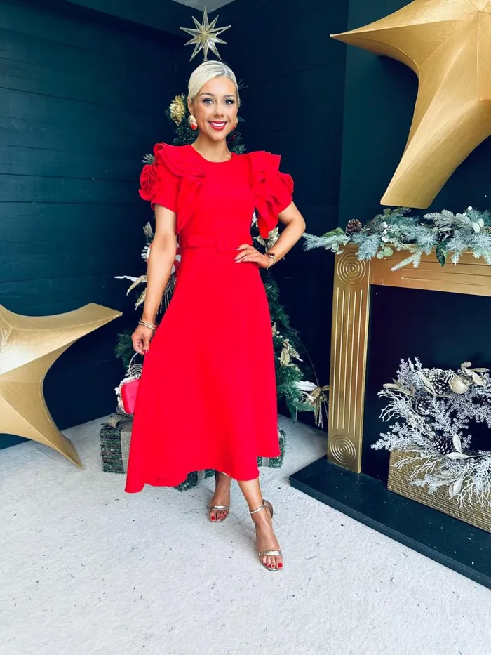 Women Evening Dress Canella Lane Noelle Frill Detail Midi Dress Red