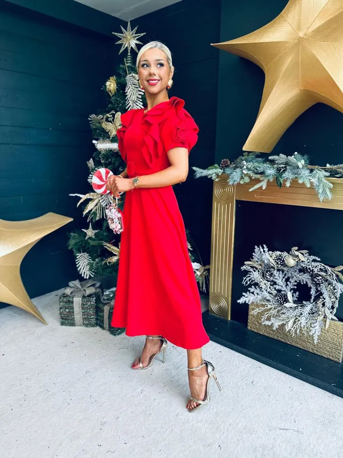 Women Evening Dress Canella Lane Noelle Frill Detail Midi Dress Red