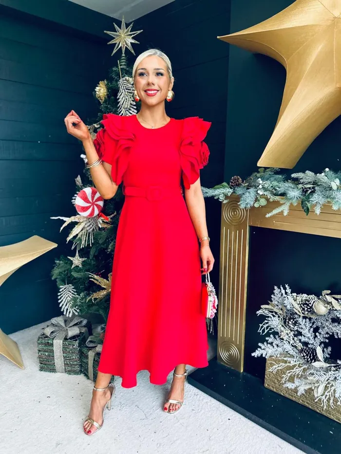 Women Evening Dress Canella Lane Noelle Frill Detail Midi Dress Red