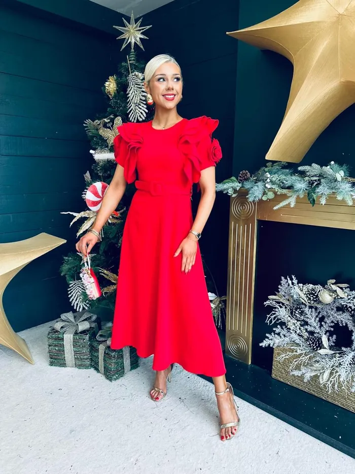 Women Evening Dress Canella Lane Noelle Frill Detail Midi Dress Red