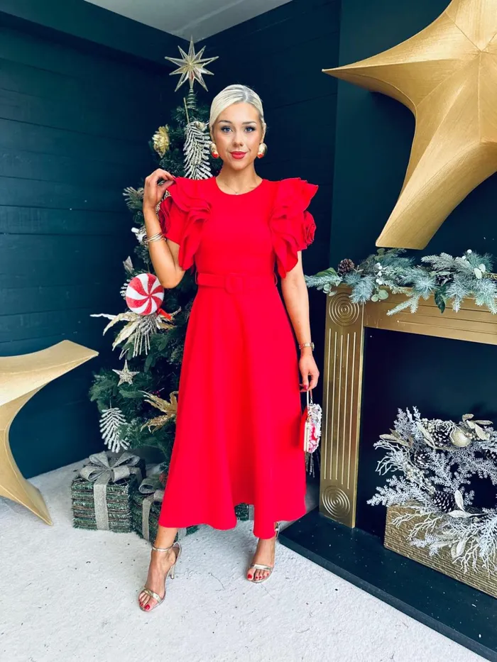 Women Evening Dress Canella Lane Noelle Frill Detail Midi Dress Red