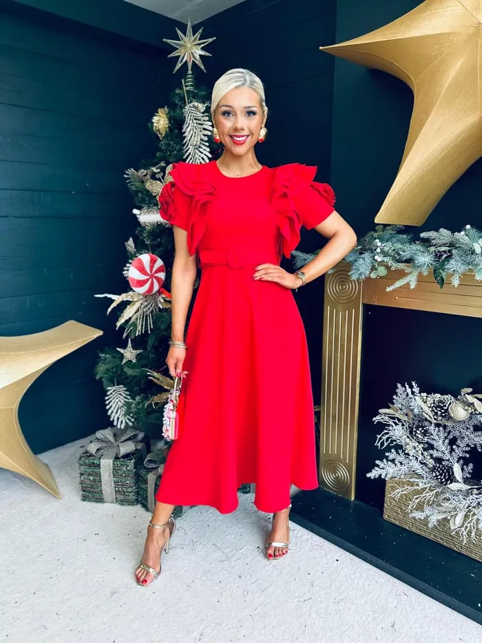 Women Evening Dress Canella Lane Noelle Frill Detail Midi Dress Red