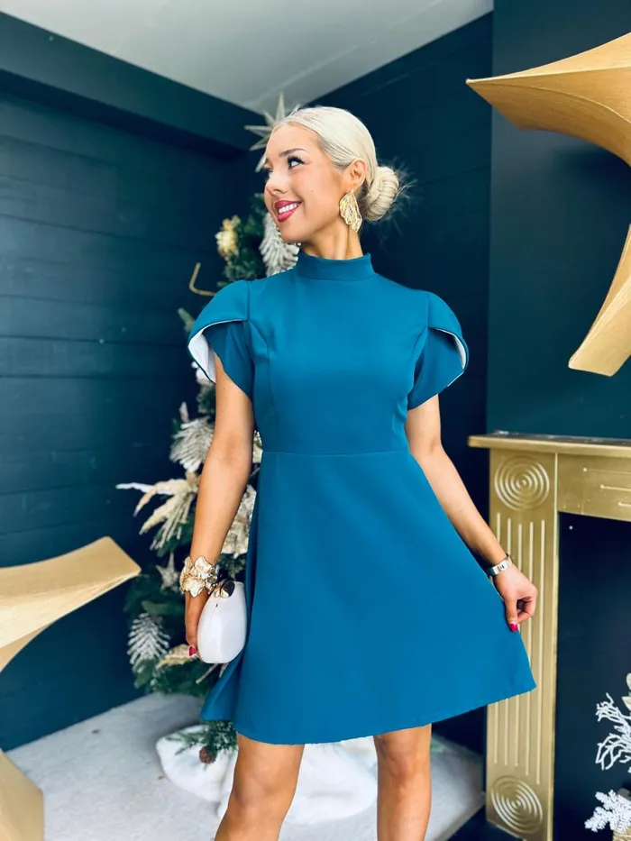 Women Evening Dress Canella Lane Rue Detailed Occasion Mini Dress Teal