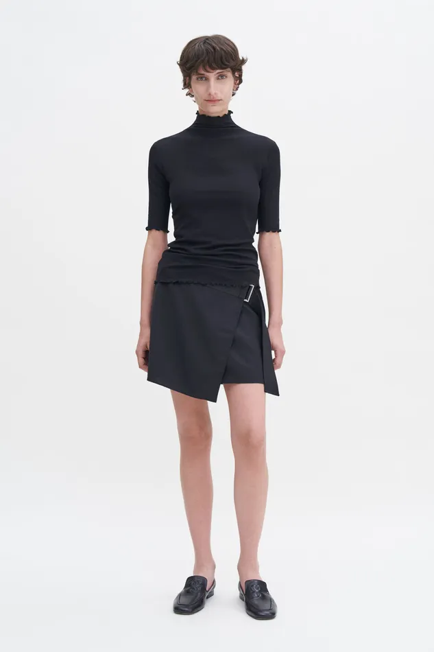 Women filippak Rib Mock Neck Tee Black Tops and TShirts