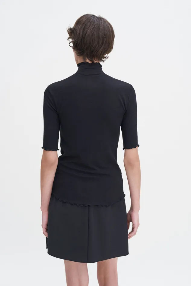 Women filippak Rib Mock Neck Tee Black Tops and TShirts