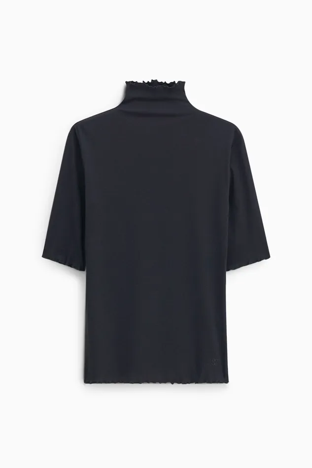 Women filippak Rib Mock Neck Tee Black Tops and TShirts