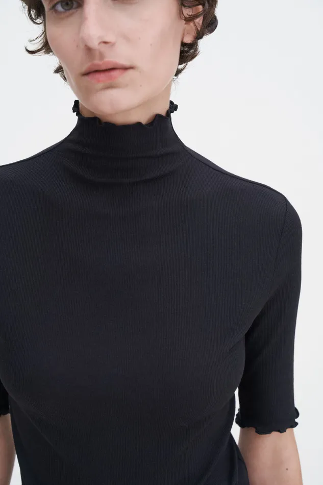 Women filippak Rib Mock Neck Tee Black Tops and TShirts