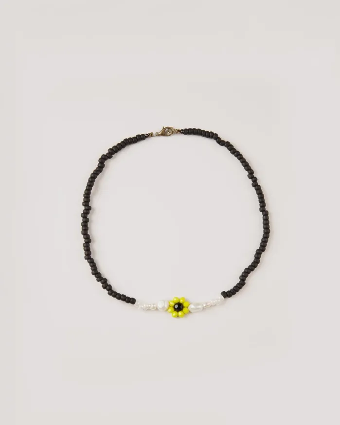 Women Flower Pearl Necklace Black YMC Jewellery