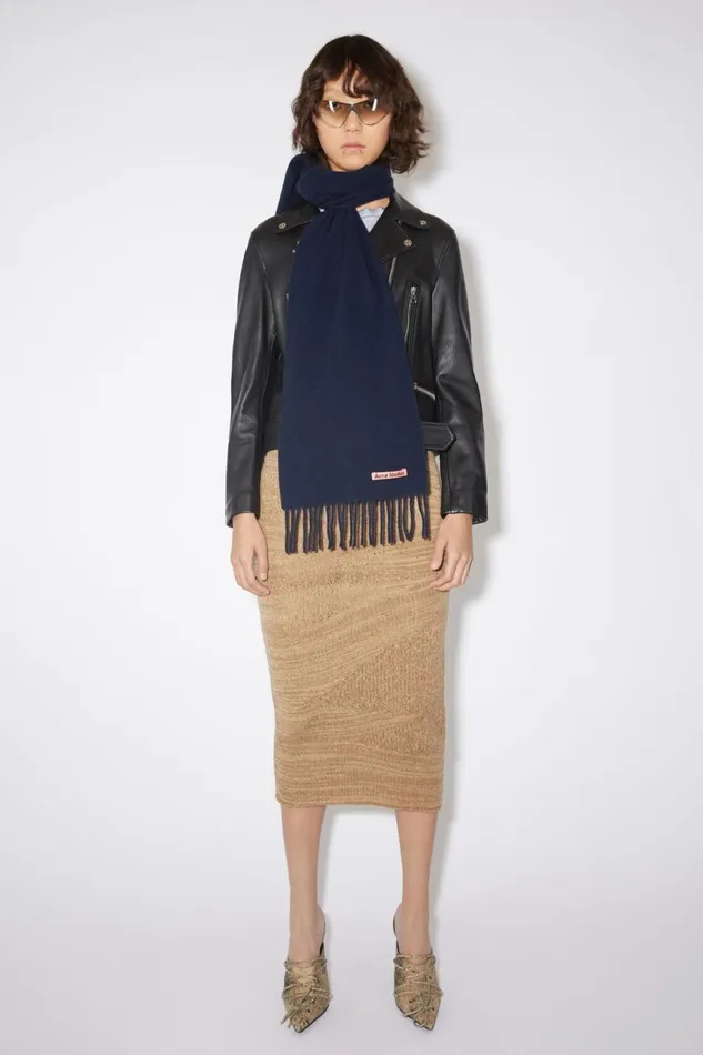 Women Fringe Wool Scarf 8211 Skinny Navy Blue Acne Studios Scarves