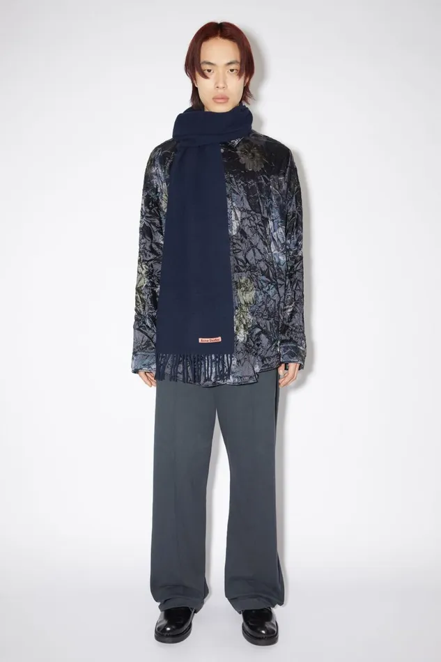 Women Fringe Wool Scarf 8211 Skinny Navy Blue Acne Studios Scarves