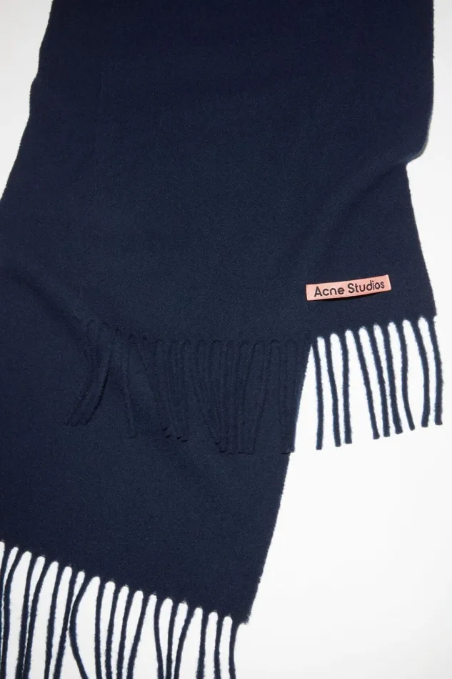 Women Fringe Wool Scarf 8211 Skinny Navy Blue Acne Studios Scarves