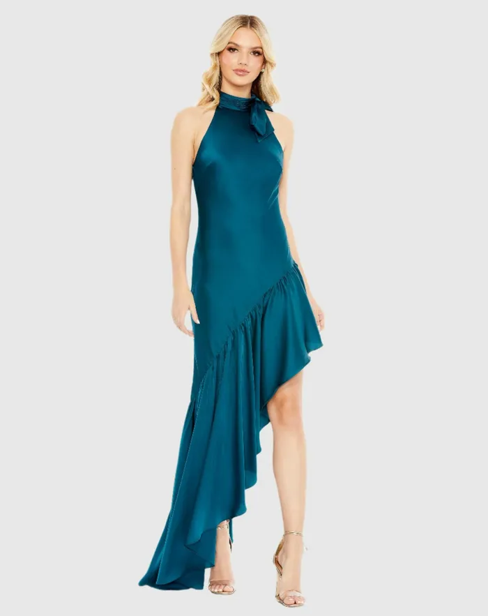 Women Halter Neck Ruffled Asymmetrical Gown Teal Daytime Dresses Mac Duggal