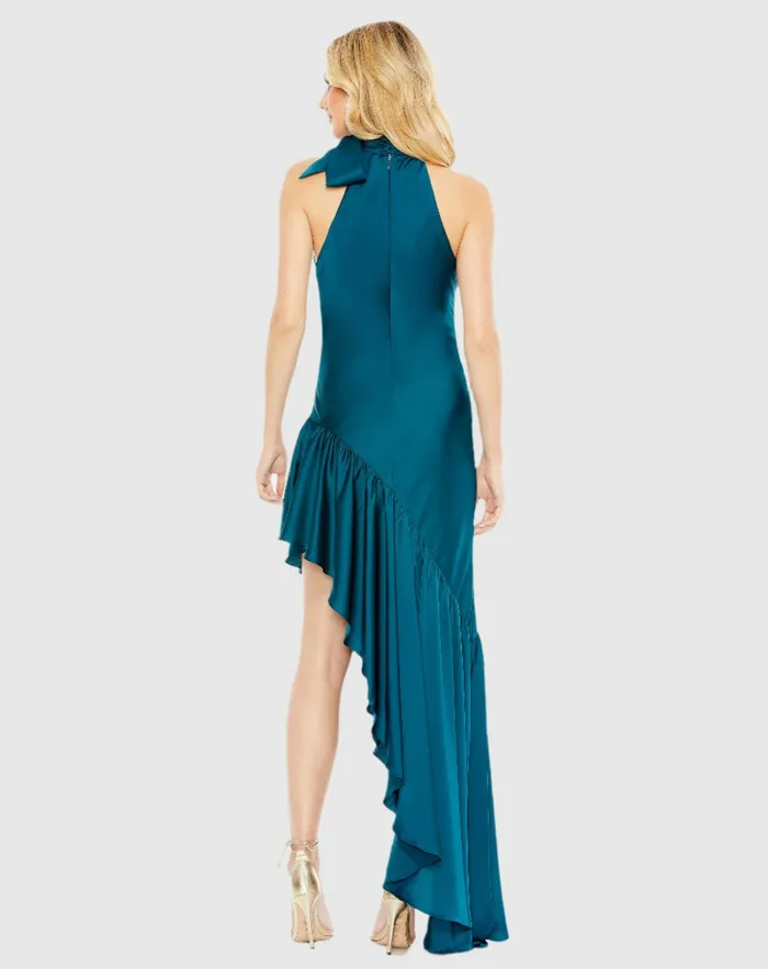 Women Halter Neck Ruffled Asymmetrical Gown Teal Daytime Dresses Mac Duggal