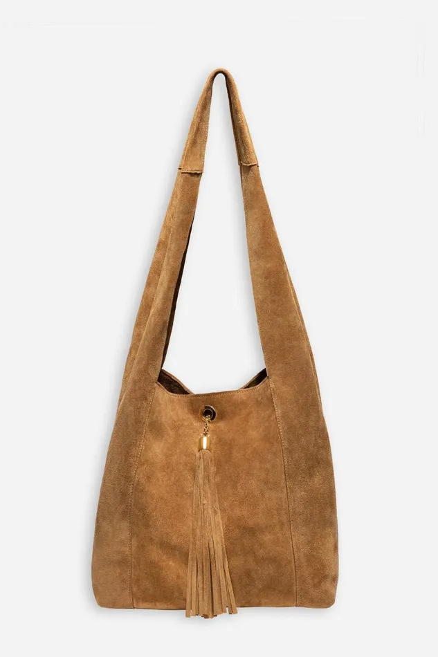 Women Handbags Johnny Was TASSEL CHAIN ITALIAN SUEDE HOBO BAG Tan