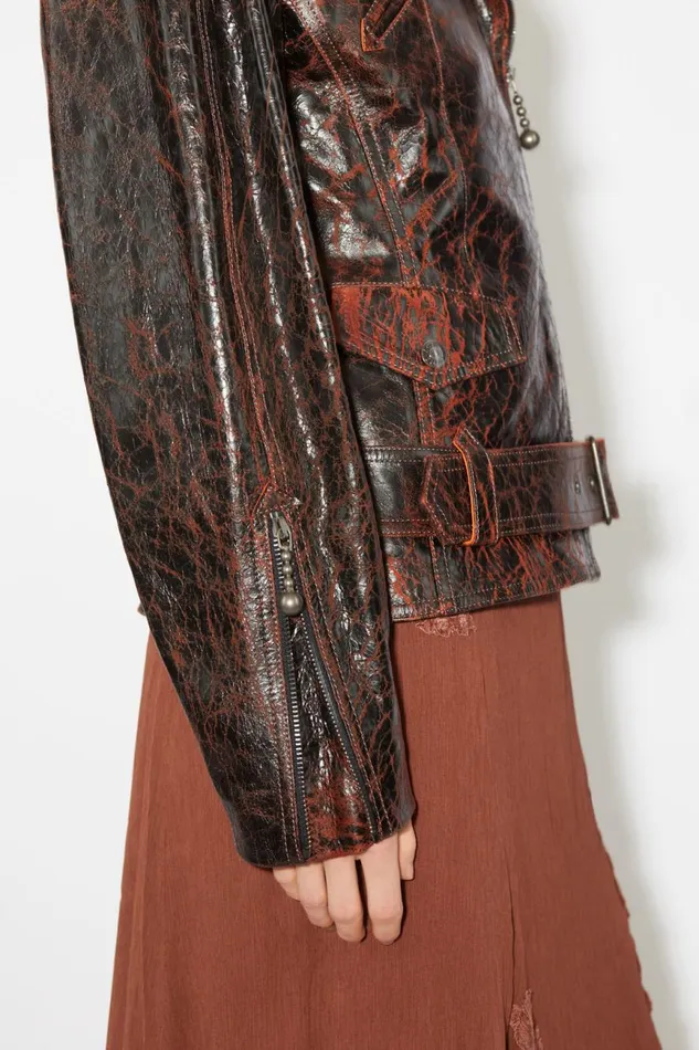 Women Hourglass Leather Biker Jacket Orangeblack Acne Studios Outerwear