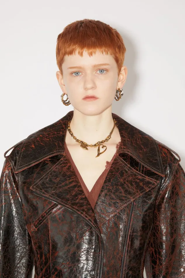 Women Hourglass Leather Biker Jacket Orangeblack Acne Studios Outerwear