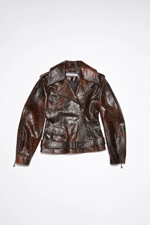 Women Hourglass Leather Biker Jacket Orangeblack Acne Studios Outerwear