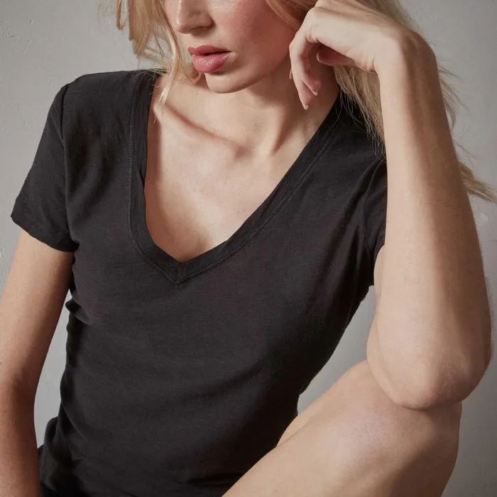 WOMEN James Perse CLASSICS Sheer Slub Casual V Neck Black