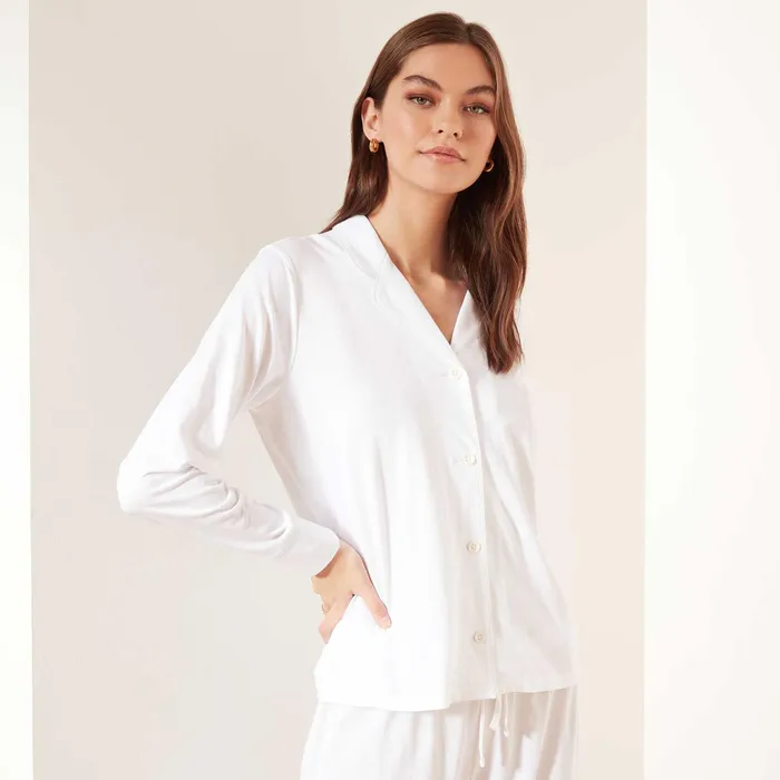 WOMEN James Perse LOUNGE Piped Jersey Pajama Top Whiteblue Ice
