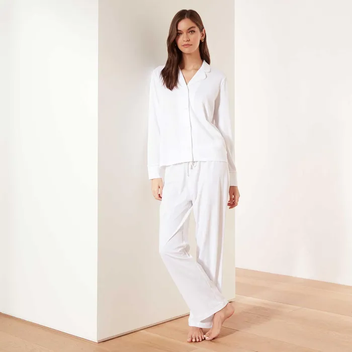 WOMEN James Perse LOUNGE Piped Jersey Pajama Top Whiteblue Ice
