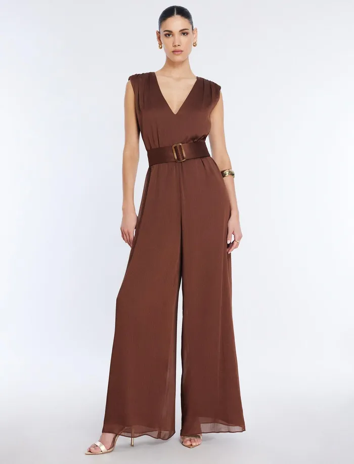 Women Jumpsuits and Rompers BCBG Imogen Belted Jumpsuit Chocolate