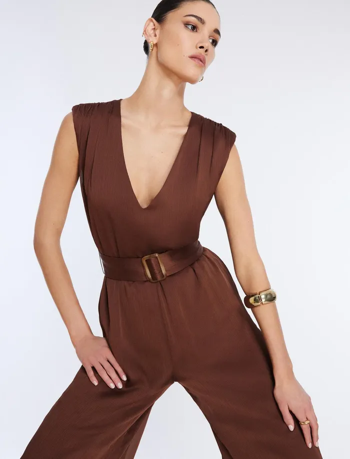 Women Jumpsuits and Rompers BCBG Imogen Belted Jumpsuit Chocolate