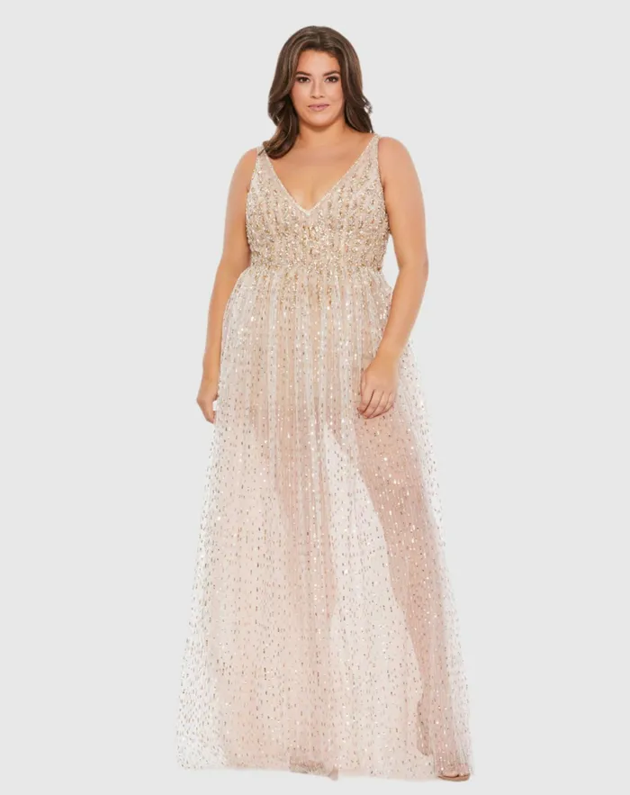 Women Jumpsuits and Rompers Mac Duggal Beaded Sleeveless V Neck Sheer Overlay Romper Plus Nude Gold