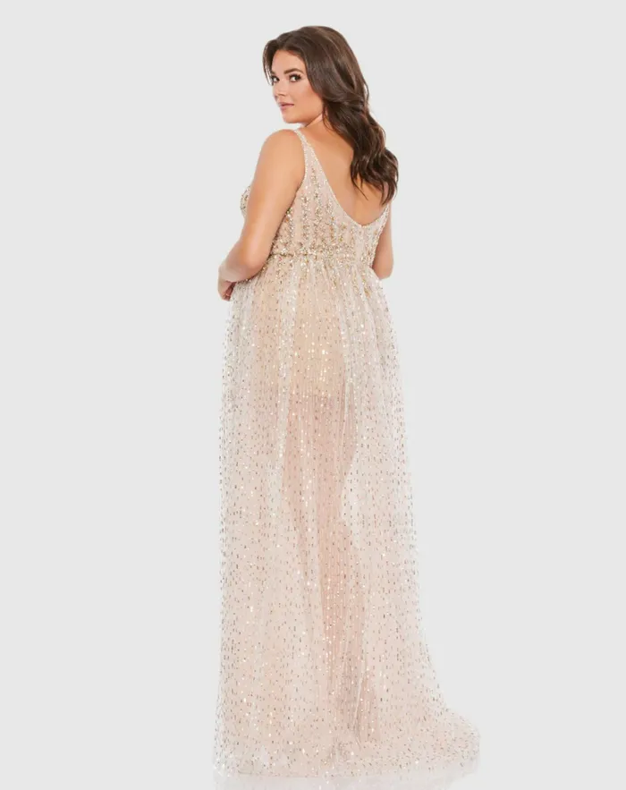 Women Jumpsuits and Rompers Mac Duggal Beaded Sleeveless V Neck Sheer Overlay Romper Plus Nude Gold Women Jumpsuits and Rompers Mac Duggal Beaded Sleeveless V Neck Sheer Overlay Romper Plus Nude Gold
