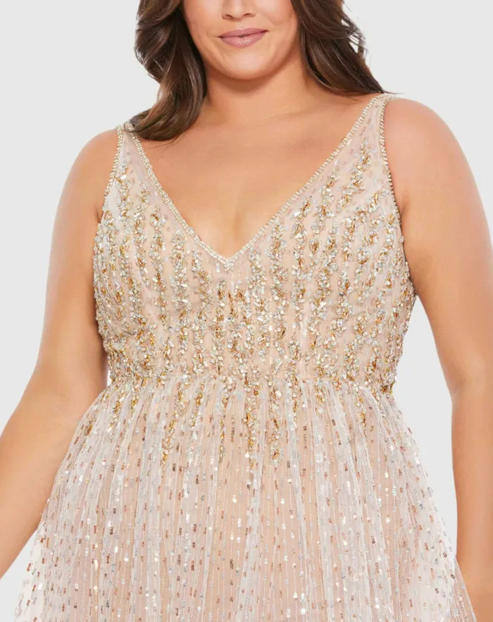 Women Jumpsuits and Rompers Mac Duggal Beaded Sleeveless V Neck Sheer Overlay Romper Plus Nude Gold Women Jumpsuits and Rompers Mac Duggal Beaded Sleeveless V Neck Sheer Overlay Romper Plus Nude Gold