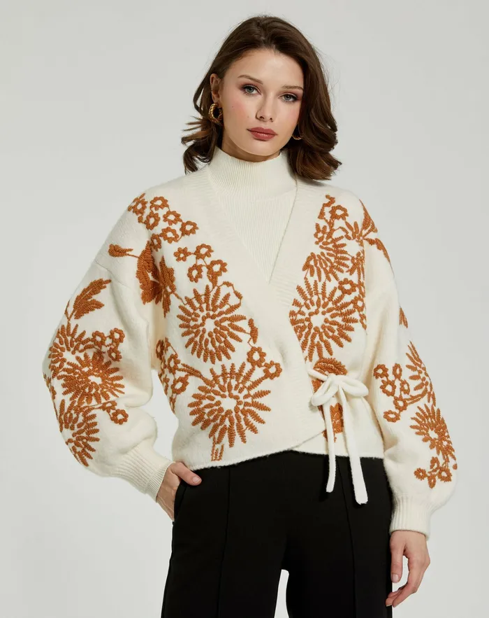 Women Knitwear Mac Duggal Cropped Knit Cardigan With Floral Details Ecru