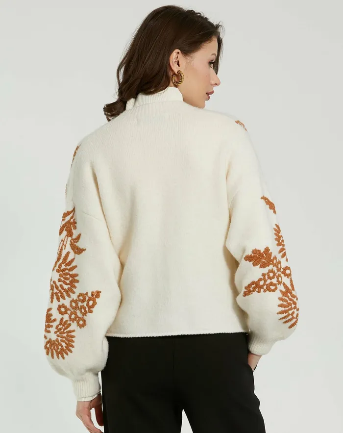 Women Knitwear Mac Duggal Cropped Knit Cardigan With Floral Details Ecru