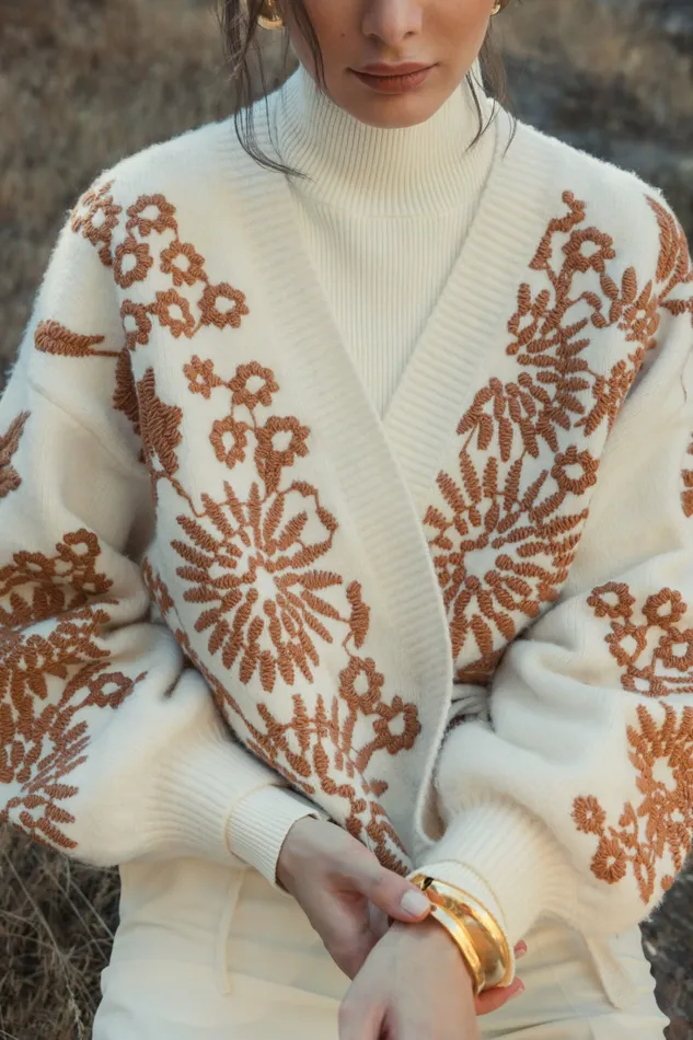 Women Knitwear Mac Duggal Cropped Knit Cardigan With Floral Details Ecru