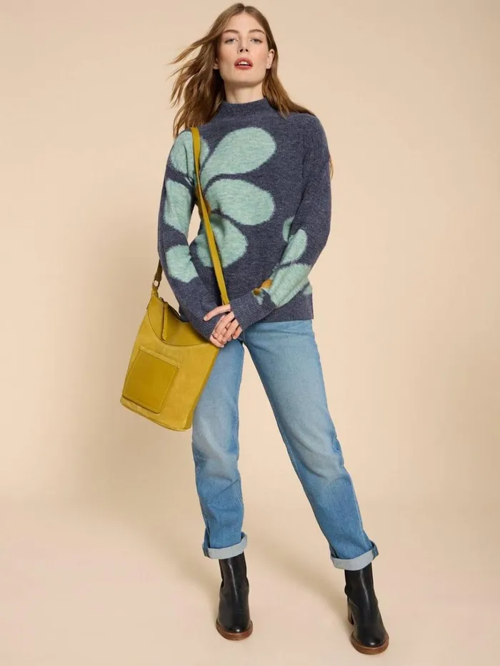 Women KNITWEAR White Stuff CELIA HIGH NECK FLORAL JUMPER Blue Multi