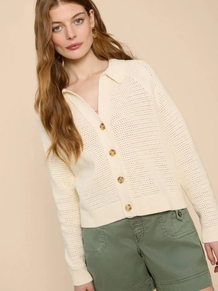 Women KNITWEAR White Stuff CHATERLY CROCHET COLLAR CARDI Natural White Women KNITWEAR White Stuff CHATERLY CROCHET COLLAR CARDI Natural White