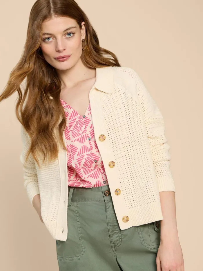 Women KNITWEAR White Stuff CHATERLY CROCHET COLLAR CARDI Natural White Women KNITWEAR White Stuff CHATERLY CROCHET COLLAR CARDI Natural White