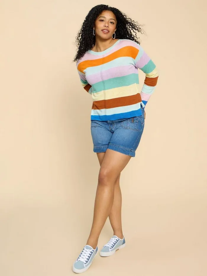 Women KNITWEAR White Stuff LINEN CREW JUMPER Teal Multi