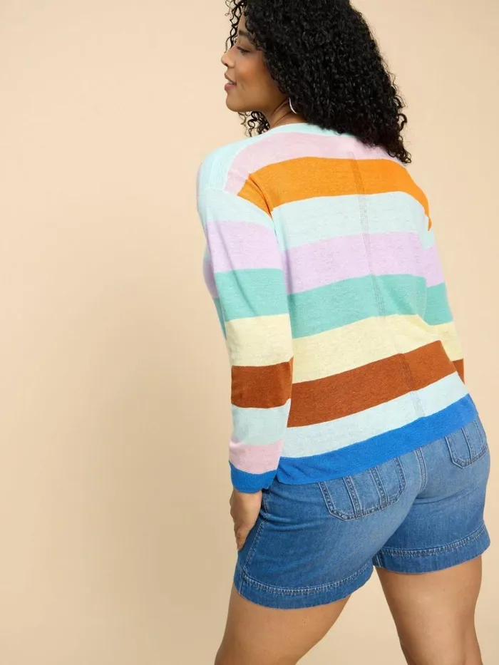 Women KNITWEAR White Stuff LINEN CREW JUMPER Teal Multi