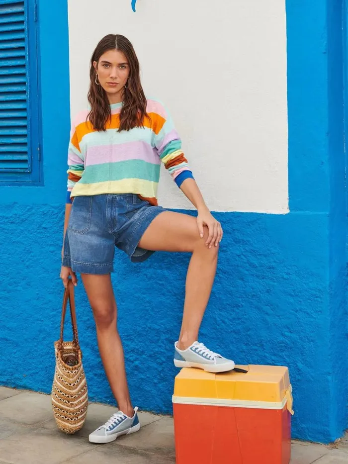 Women KNITWEAR White Stuff LINEN CREW JUMPER Teal Multi