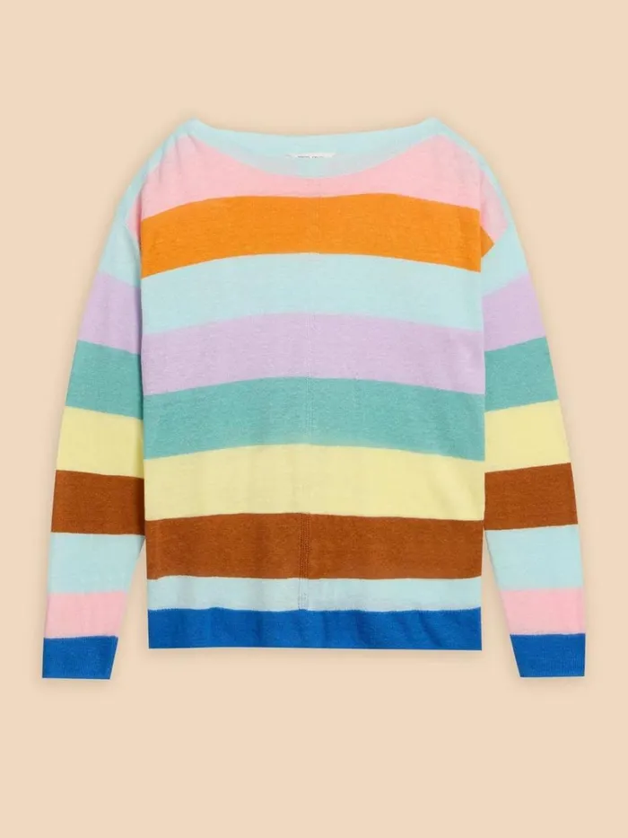 Women KNITWEAR White Stuff LINEN CREW JUMPER Teal Multi