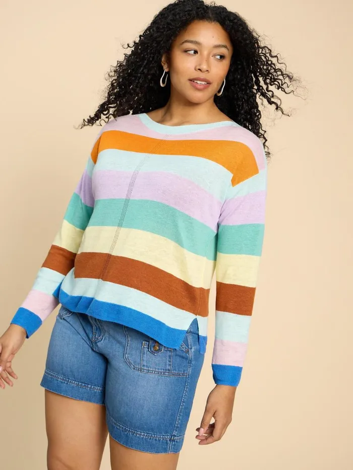 Women KNITWEAR White Stuff LINEN CREW JUMPER Teal Multi