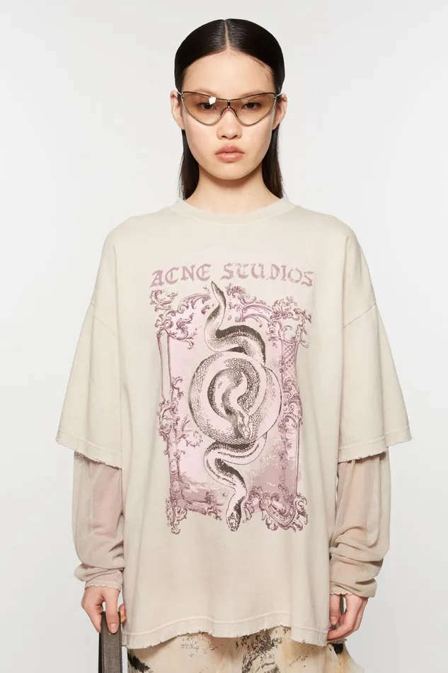 Women Layered Print Tshirt Faded Grey Acne Studios Tshirts