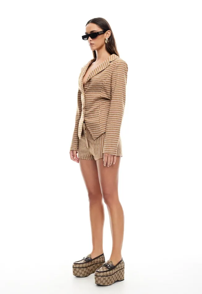Women Lioness Fashion Tops BANKS CROP BLAZER Chocolate Check