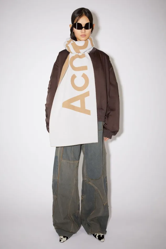 Women Logo Jacquard Scarf 8211 Narrow Oat Beigecamel Acne Studios Scarves