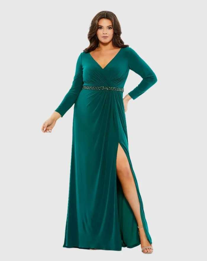 Women Mac Duggal Beaded Belt Jersey Faux Wrap Long Sleeve Gown Emerald Plus Size Dresses