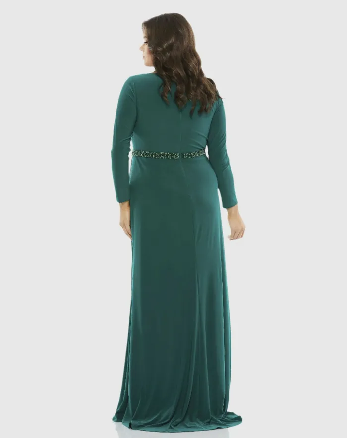 Women Mac Duggal Beaded Belt Jersey Faux Wrap Long Sleeve Gown Emerald Plus Size Dresses