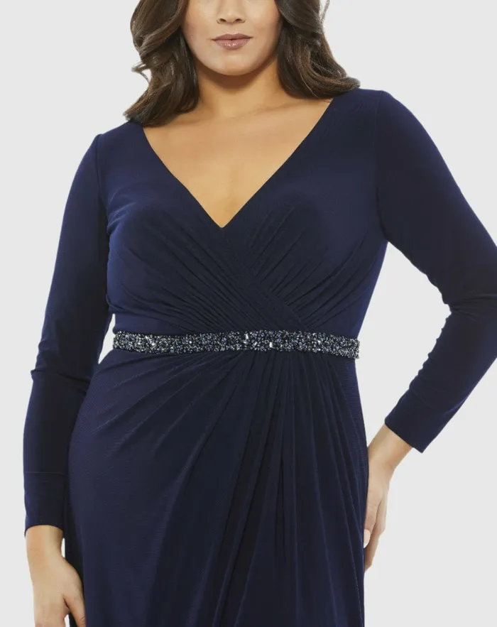 Women Mac Duggal Beaded Belt Jersey Faux Wrap Long Sleeve Gown Emerald Plus Size Dresses